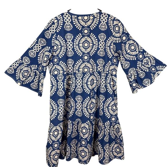 Saiph Lab Italy Women's Tiered Bell Sleeve Santorini Mini Dress White Blue L - Picture 2 of 8